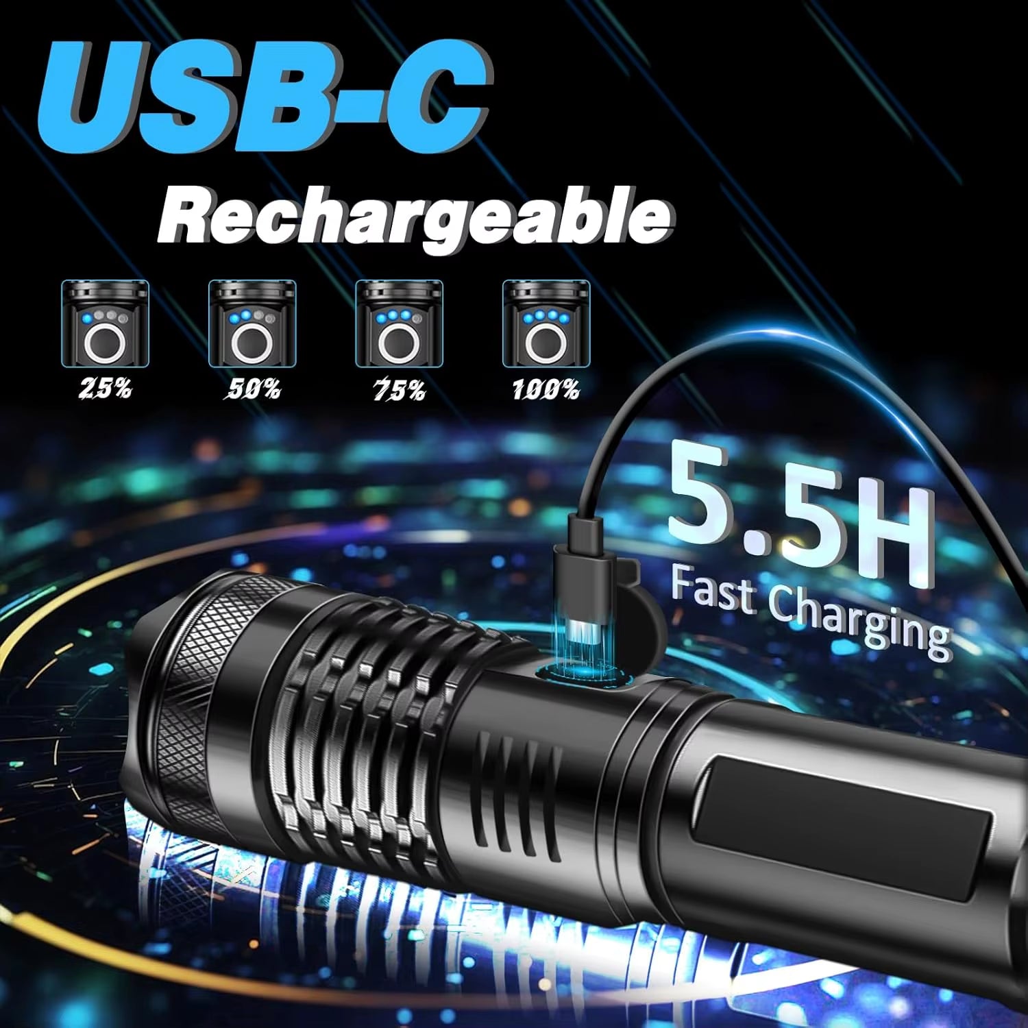 High Power Rechargeable LED Tactical Flashlight Aluminum Alloy Telescopic Zoom Torch Lamp for Outdoor Camping Fishing